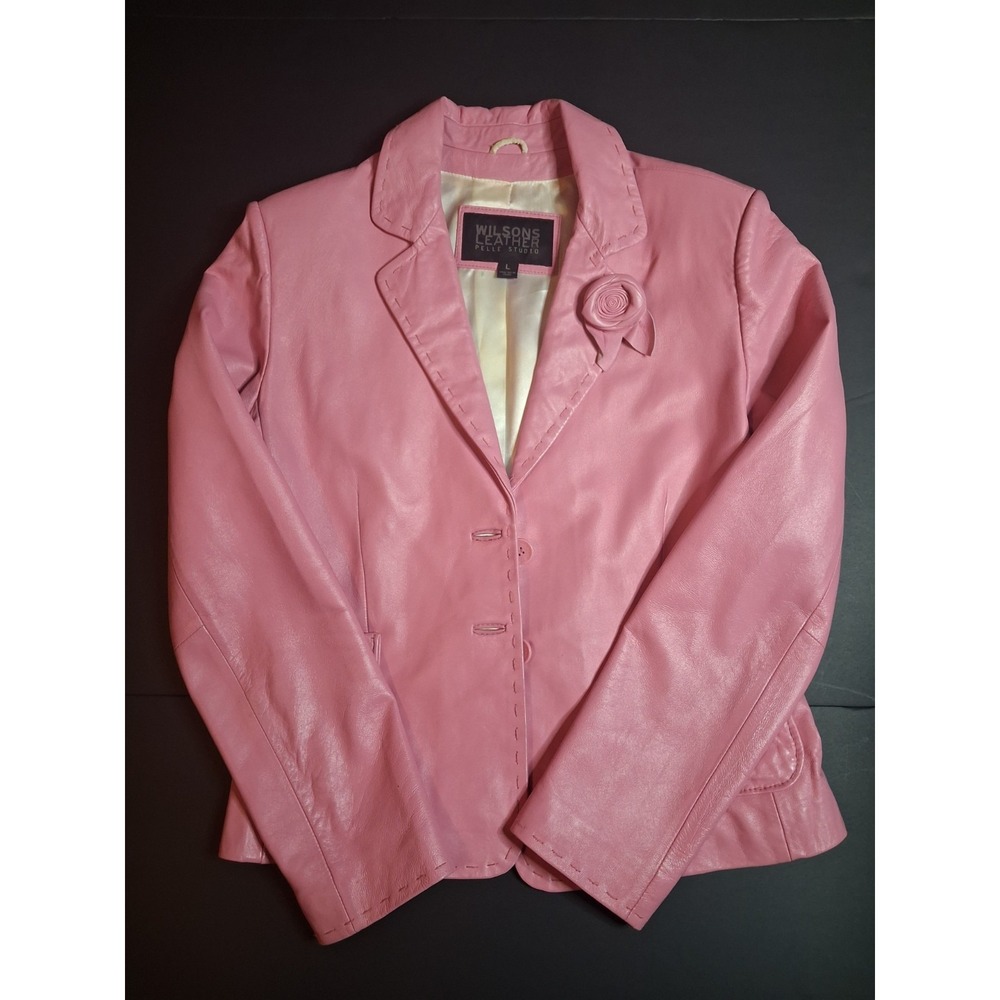 WILSONS LEATHER Women's Bubble gum Pink Jacket Floral Rose Applique Size L